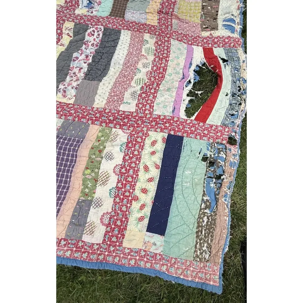 Antique Vtg 1920’s CRAZY QUILT Multi-Color Feed Sack Cowboys 78” **Needs Repair